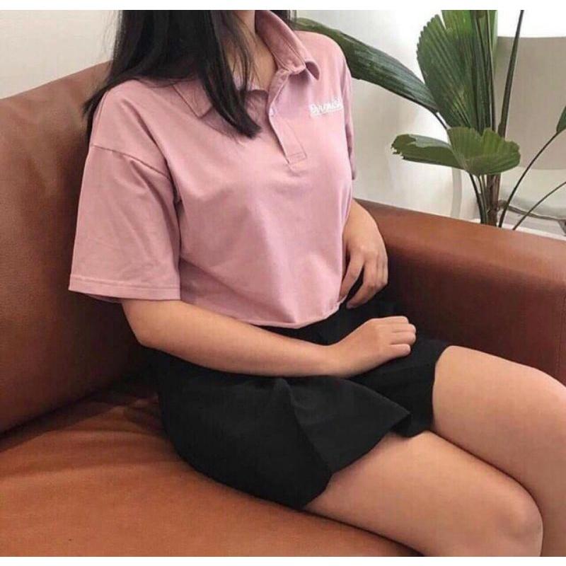 Áo croptop cổ bẻ polo nữ tay lỡ , from rộng, freesize , thun cotton mềm mịn