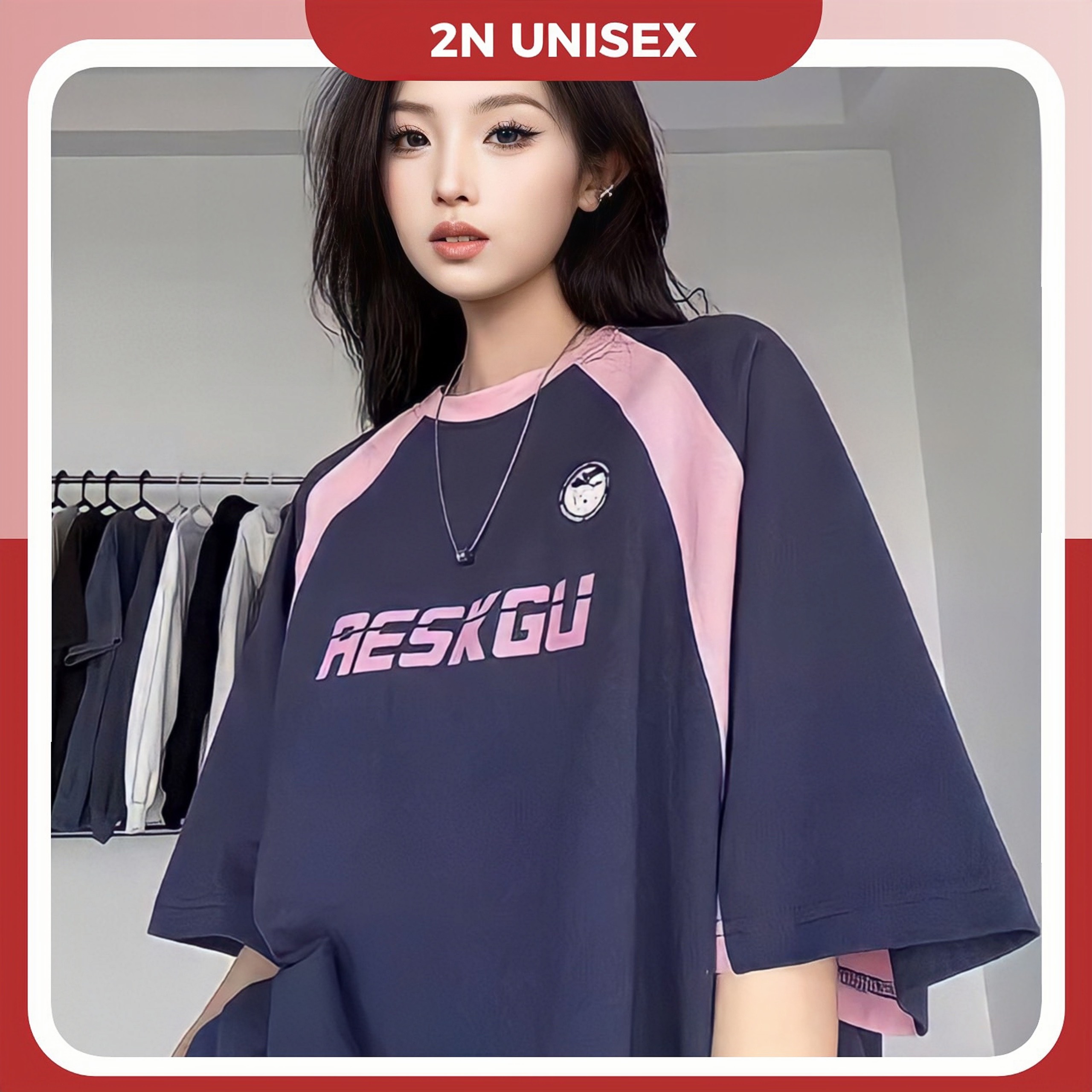 Áo phông nam nữ form rộng 2N Unisex blokecore Aeskgu phối màu đen/hồng/nâu