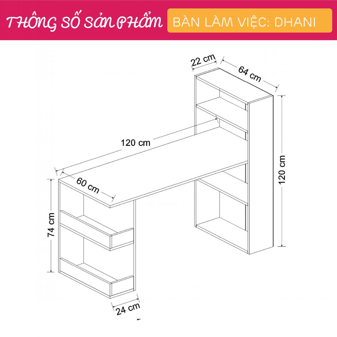 Bàn làm việc liền giá sách gỗ công nghiệp hiện đại SMLIFE Dhani