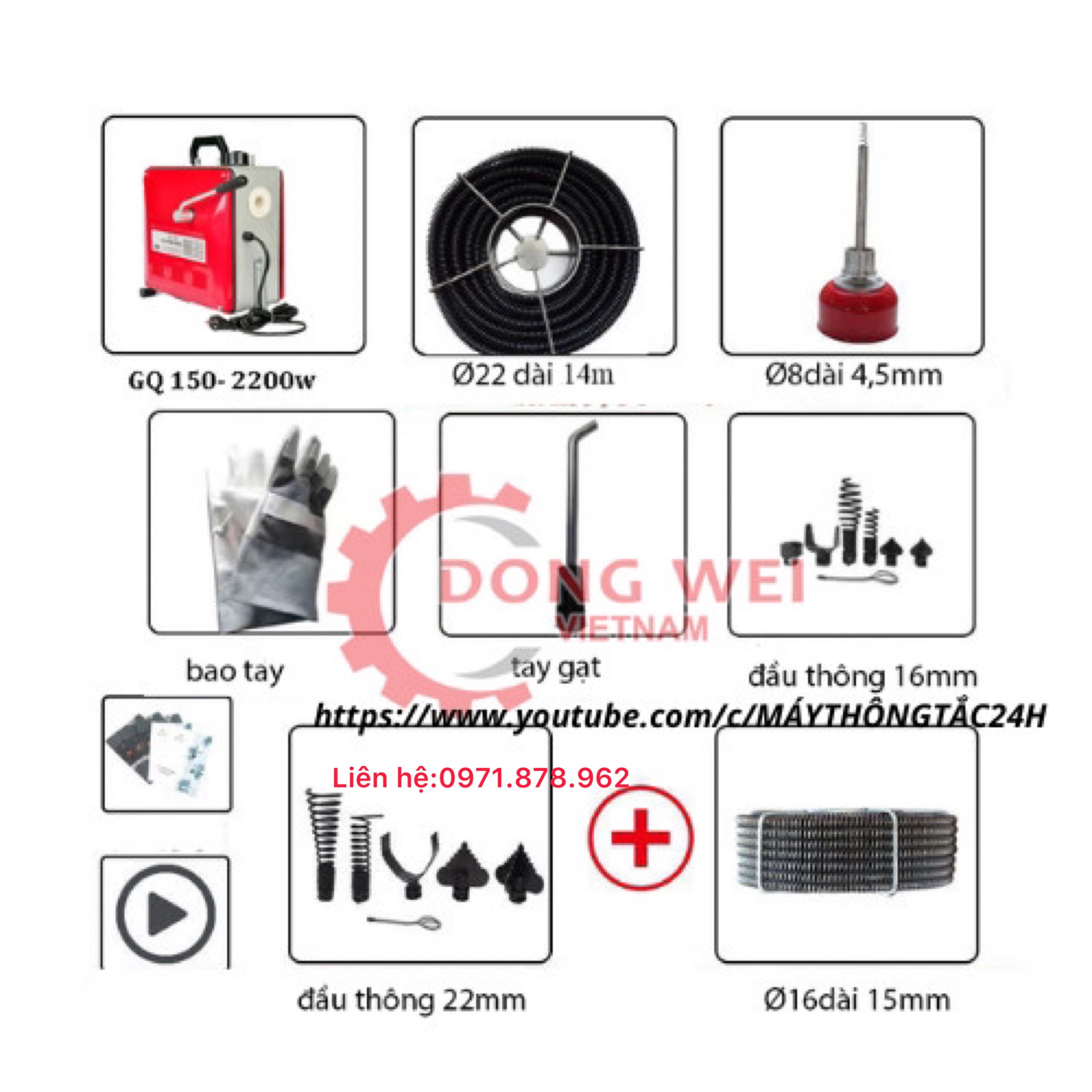 Máy thông cống GQ150-2200w kèm 3 cuộn dây đường kính 8,16,22mm