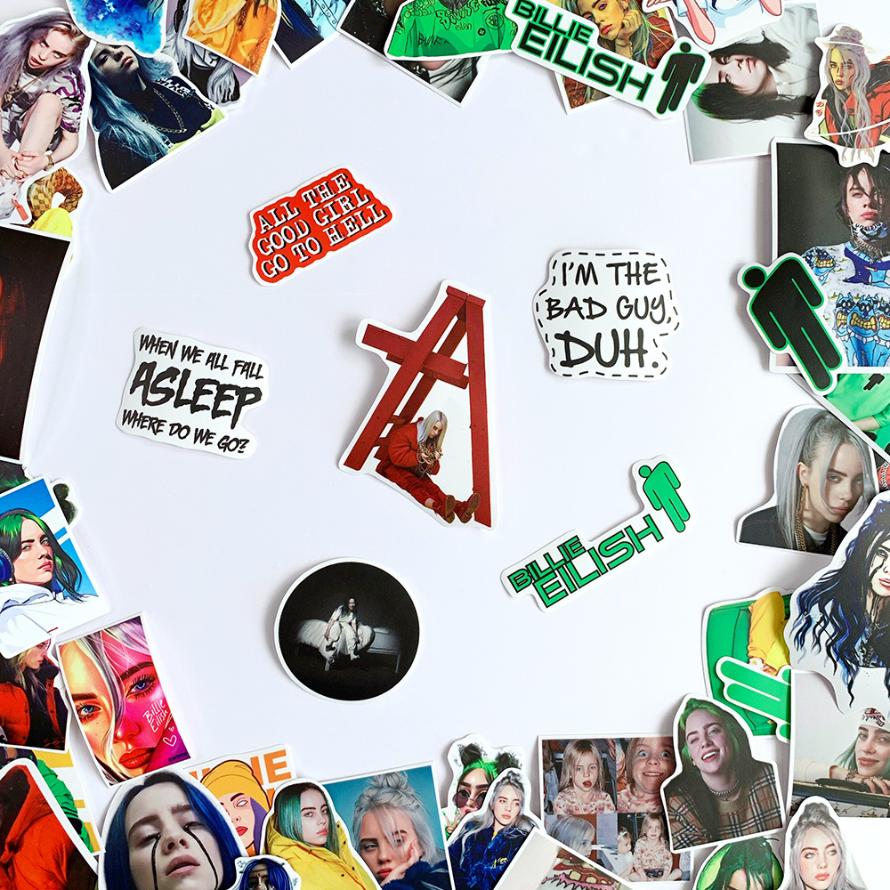 Sticker Billie Eilish Dán Trang Trí - Chất Liệu PVC Cán Màng Chất Lượng Cao Chống Nước, Chống Nắng, Không Bong Tróc Phai Màu