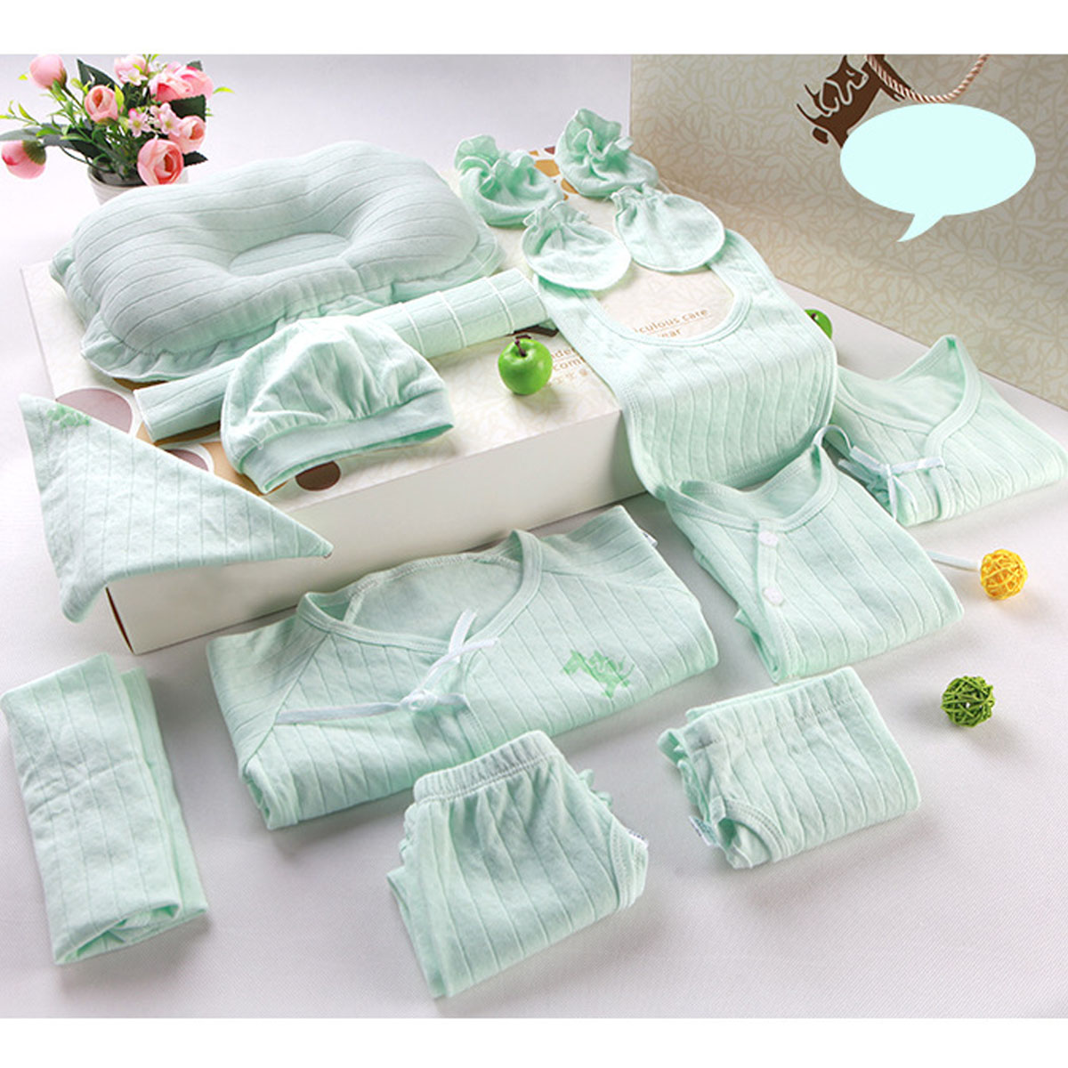 Set quà tặng đồ sơ sinh cotton 18 chi tiết mùa xuân hè thu cho bé trai màu xanh nhạt