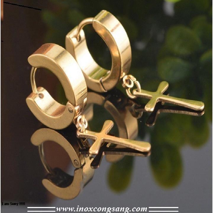 Bông Tai Nam Inox Khoae Tròn Rớt Thánh Giá Cá Tính Phong Cách Hàn