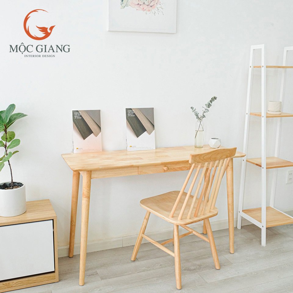 Bàn Làm Việc Gỗ Tự Nhiên - Chân Tròn 1 Ngăn Kéo