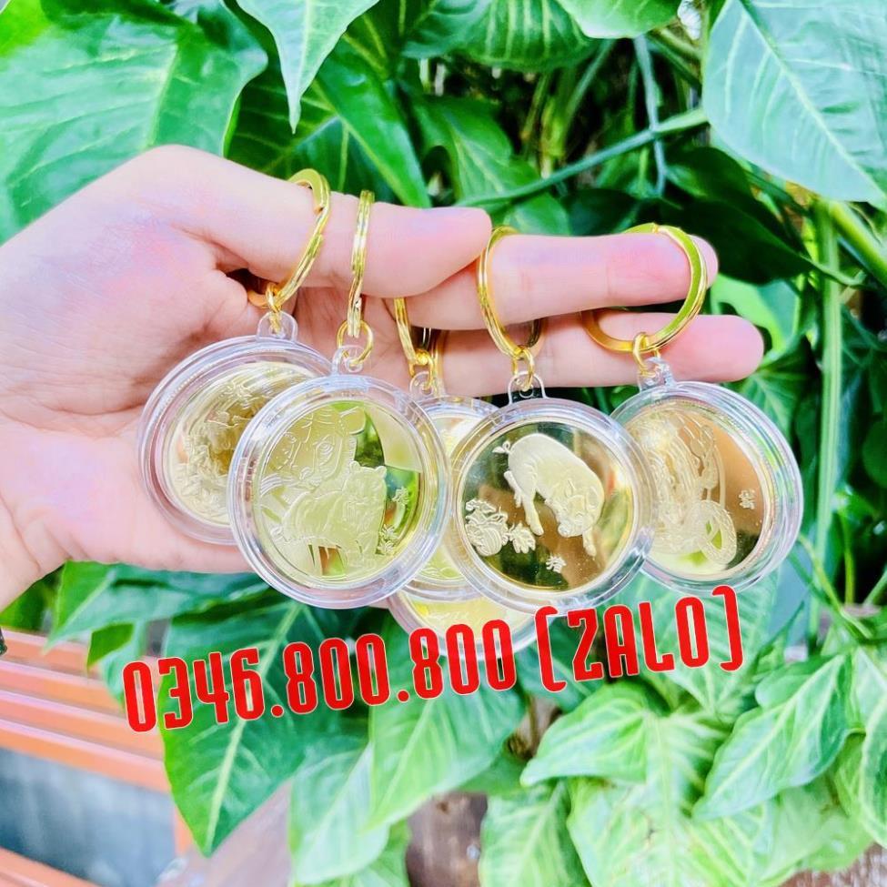 Móc Khóa Đồng Xu Khắc Hình 12 Con Giáp Phong Thủy May Mắn, Chất Liệu Niken Mạ Vàng Sáng Bóng