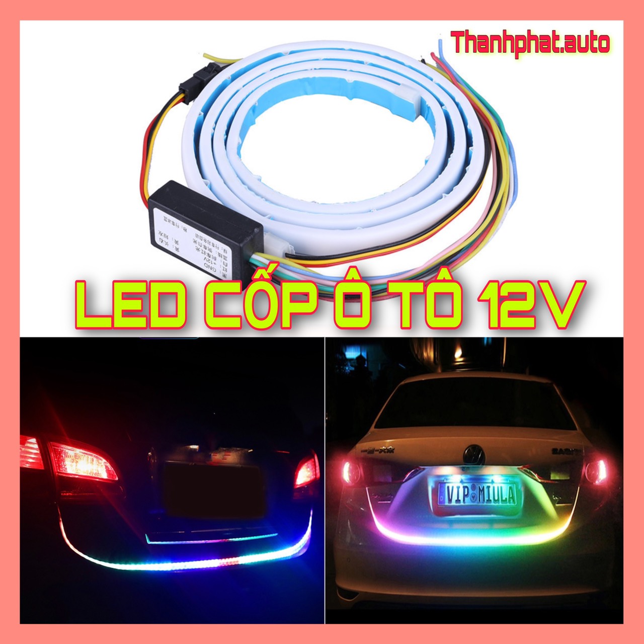 Dây đèn led trang trí cốp ô tô xe hơi 12V - Led cốp chạy đuổi 7 màu dài 120cm tích hợp 6 chế độ chống nước