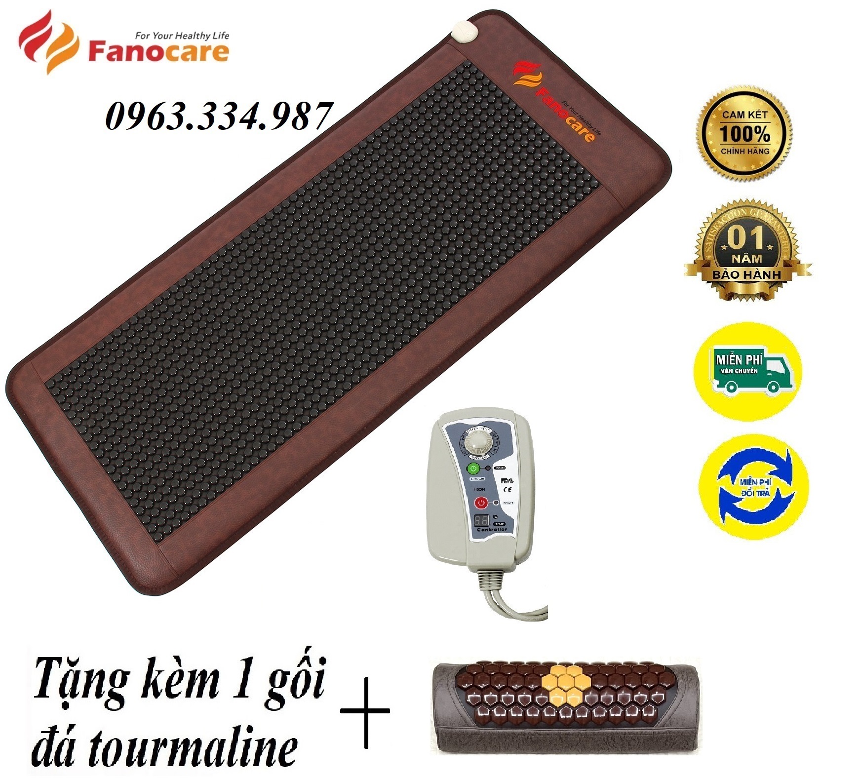 Thảm/Nệm đá nhiệt nóng Fanocare KT 70x170x3.5cm FN70R đá tròn đen (Tặng kèm 1 gối đá tourmaline)