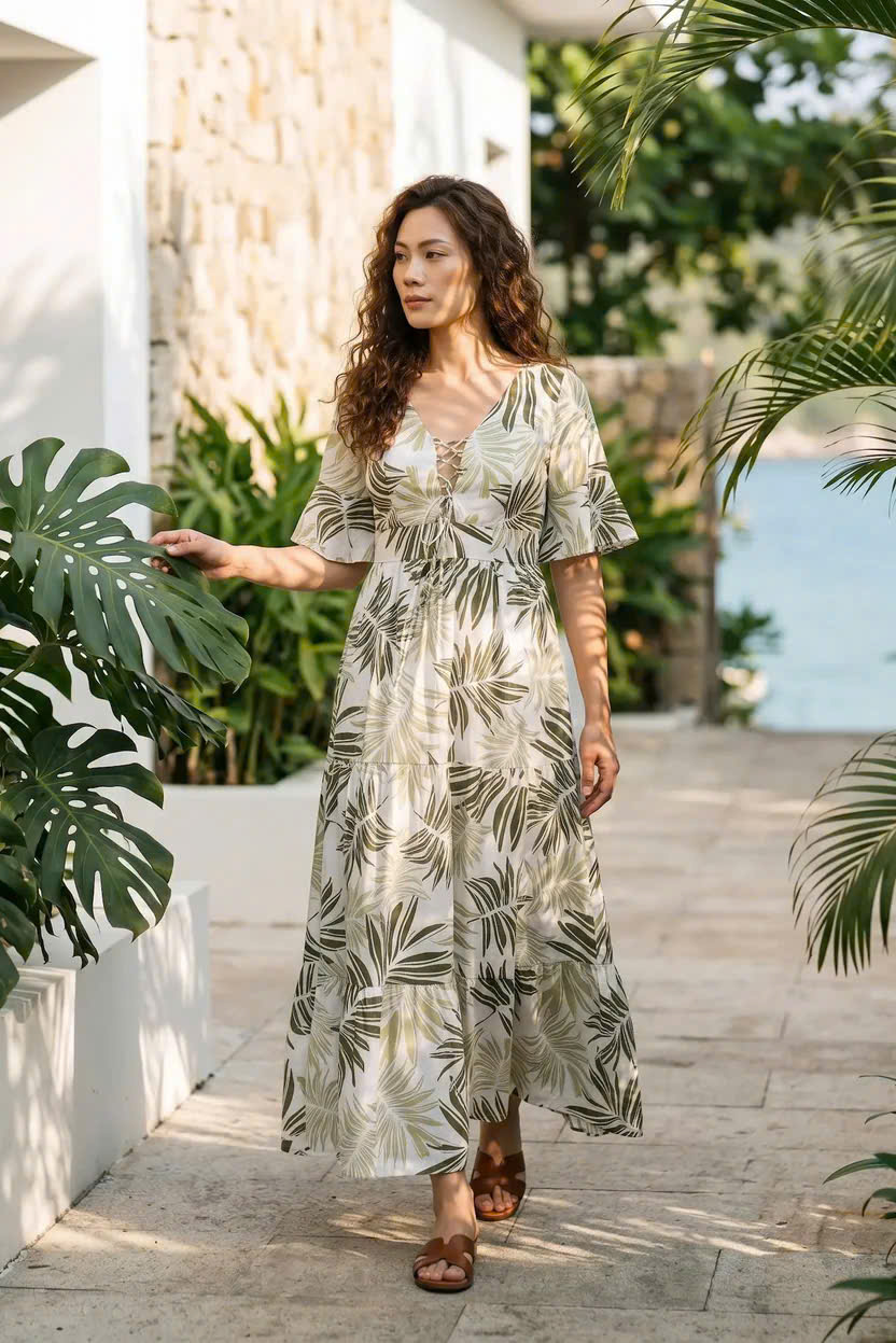 Đầm Maxi Linen Lá Cọ Du Lịch Nhiệt Đới, Đầm Maxi Linen Bích Diệp Dre204 Thời trang Hity