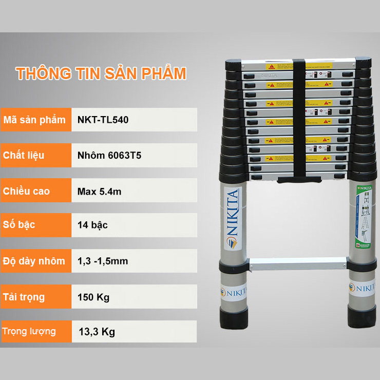 Thang nhôm rút gọn đơn - 14 bậc - 5,4 Mét