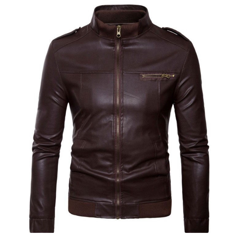 Tide Men's Leather Jacket Coat Slim-Type Vertical Collar Locomotive Leather