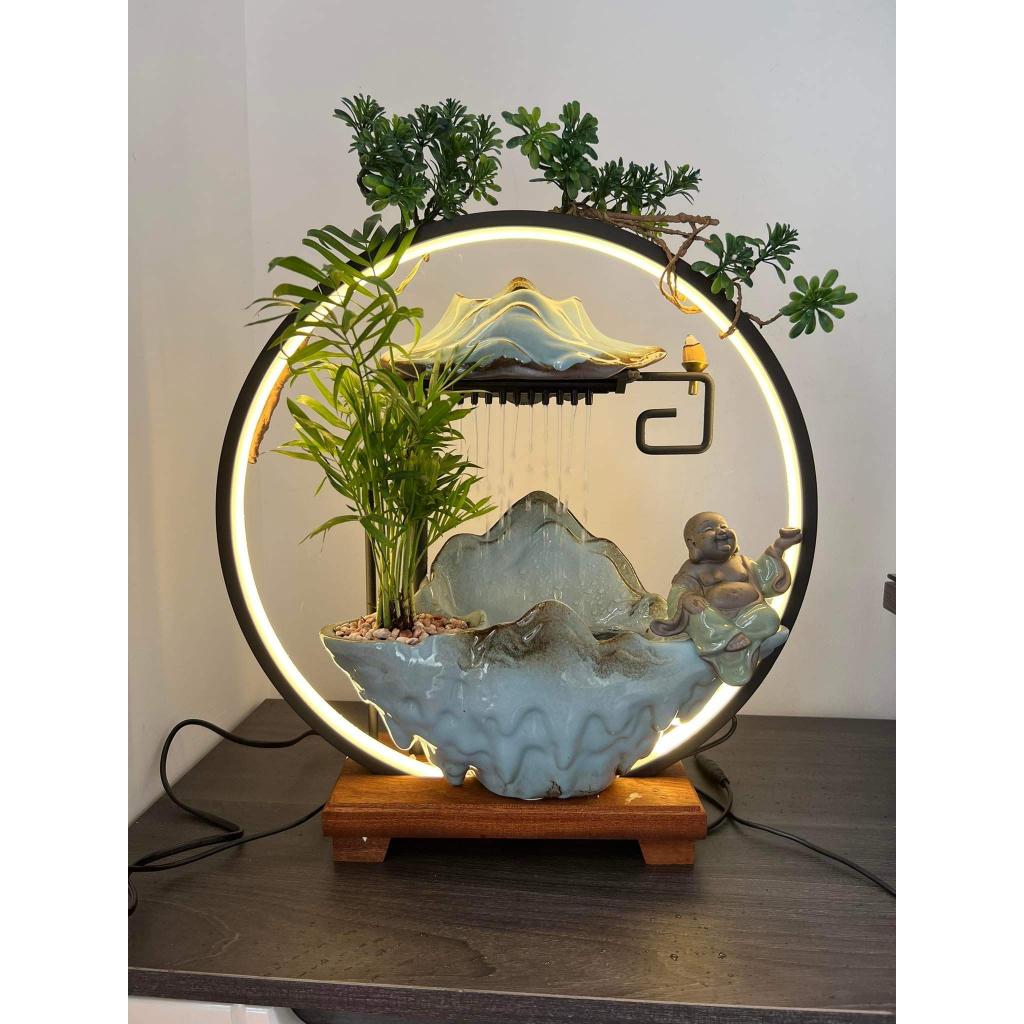 Thác nước, thác khói hương trầm phong thuỷ Di Lạc Tài Lộc mang lại may mắn cho gia chủ có cây xanh, thác nước pho