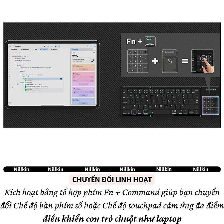 Bàn phím gấp gọn di động không dây bluetooth V5.2 tích hợp trackpad &amp; phím số hiệu Nillkin Cube Pocket - Nhỏ gọn, mỏng nhẹ, phím tắt thông minh, hỗ trợ Androids &amp; iOS, gõ thoải mái cho iPad cho iPhone, máy tính bảng, cho macbook, laptop - hàng nhập khẩu
