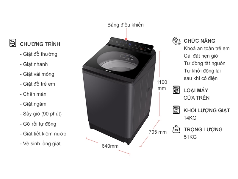 Máy giặt Panasonic lồng đứng 14 Kg NA-FD14V1BRV - Hàng chính hãng