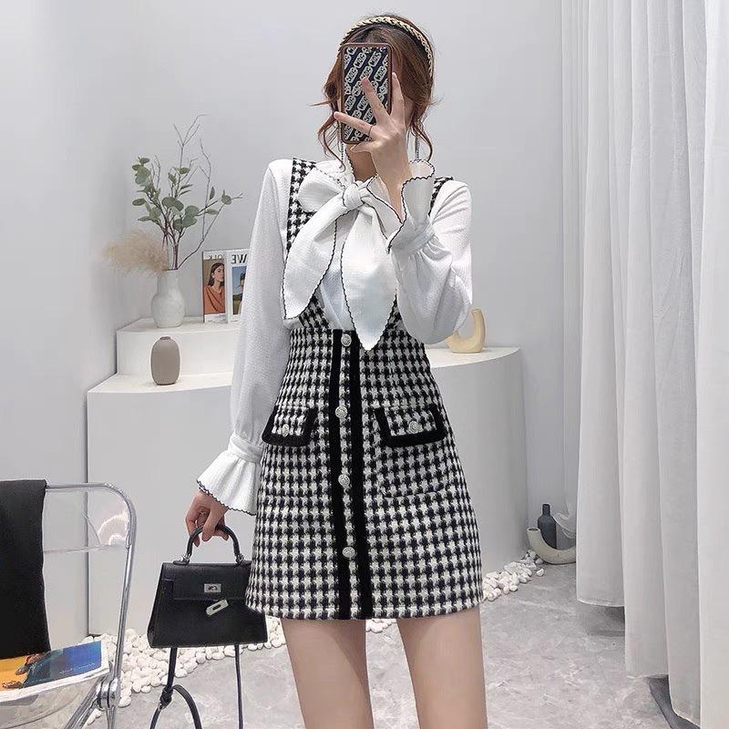 Set Yếm Dạ Mix Áo Sơmi Cổ Nơ Siêu Xinh Có Ảnh Thật Kèm Video