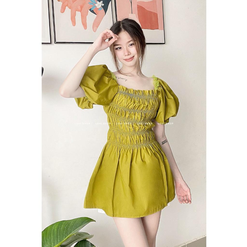 Áo kiểu nữ ngắn tay nhún ngực bẹt vai tay phồng cổ vuông LOVI