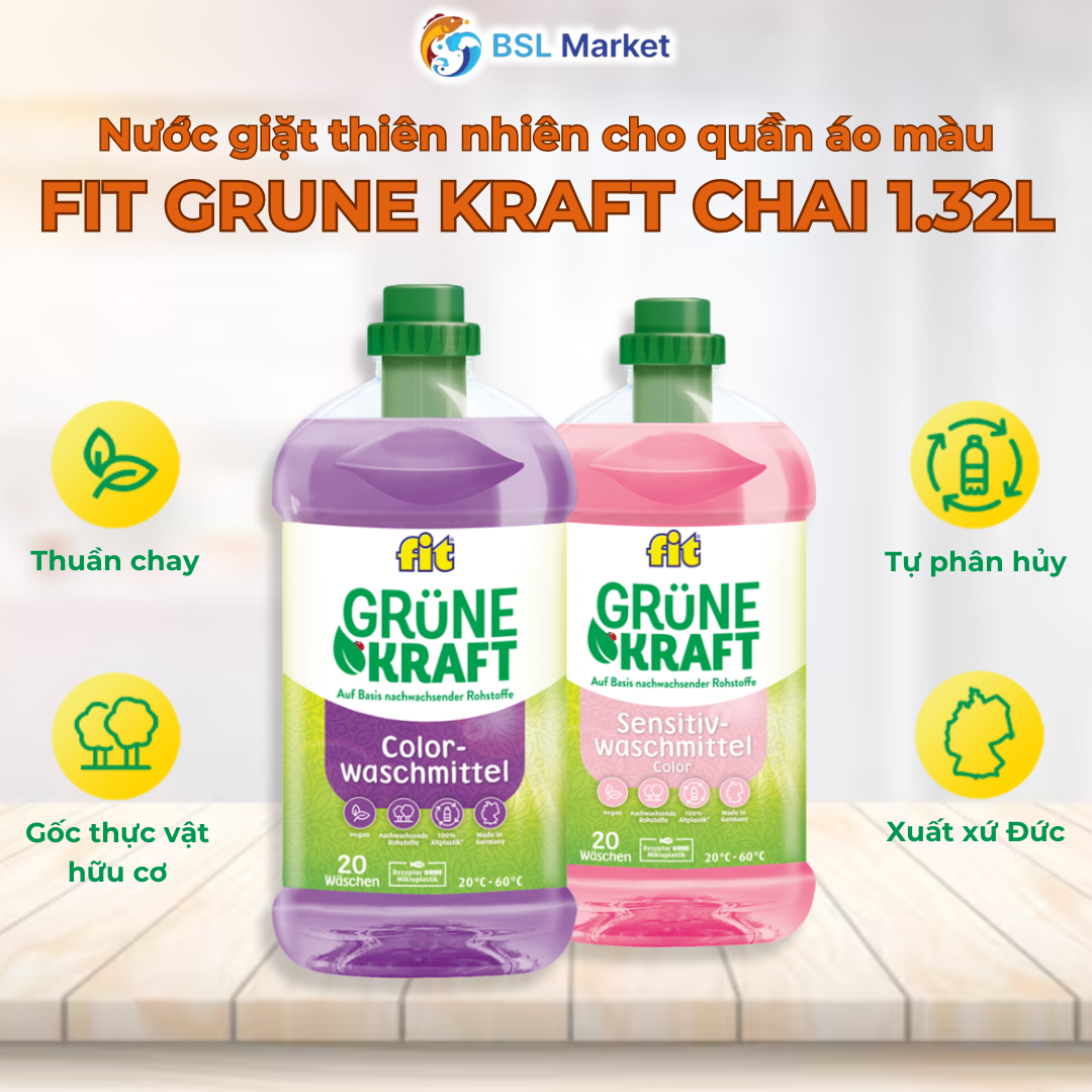 Nước Giặt Fit Grüne Kraft Dành Cho Quần Áo Màu Sức Mạnh Thiên Nhiên 1.32L