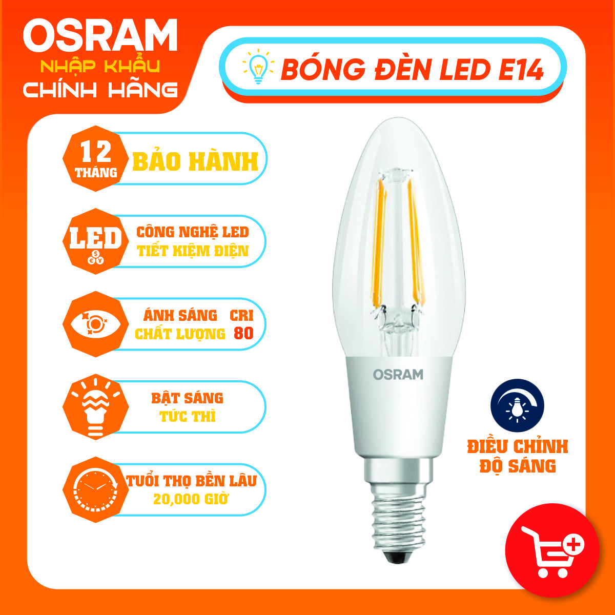 Bóng đèn LED nến 4.5W đui đèn E14 PARATHOM DIM CLASSIC B40 DIMMABLE OSRAM - Ánh sáng (Vàng 2700K)