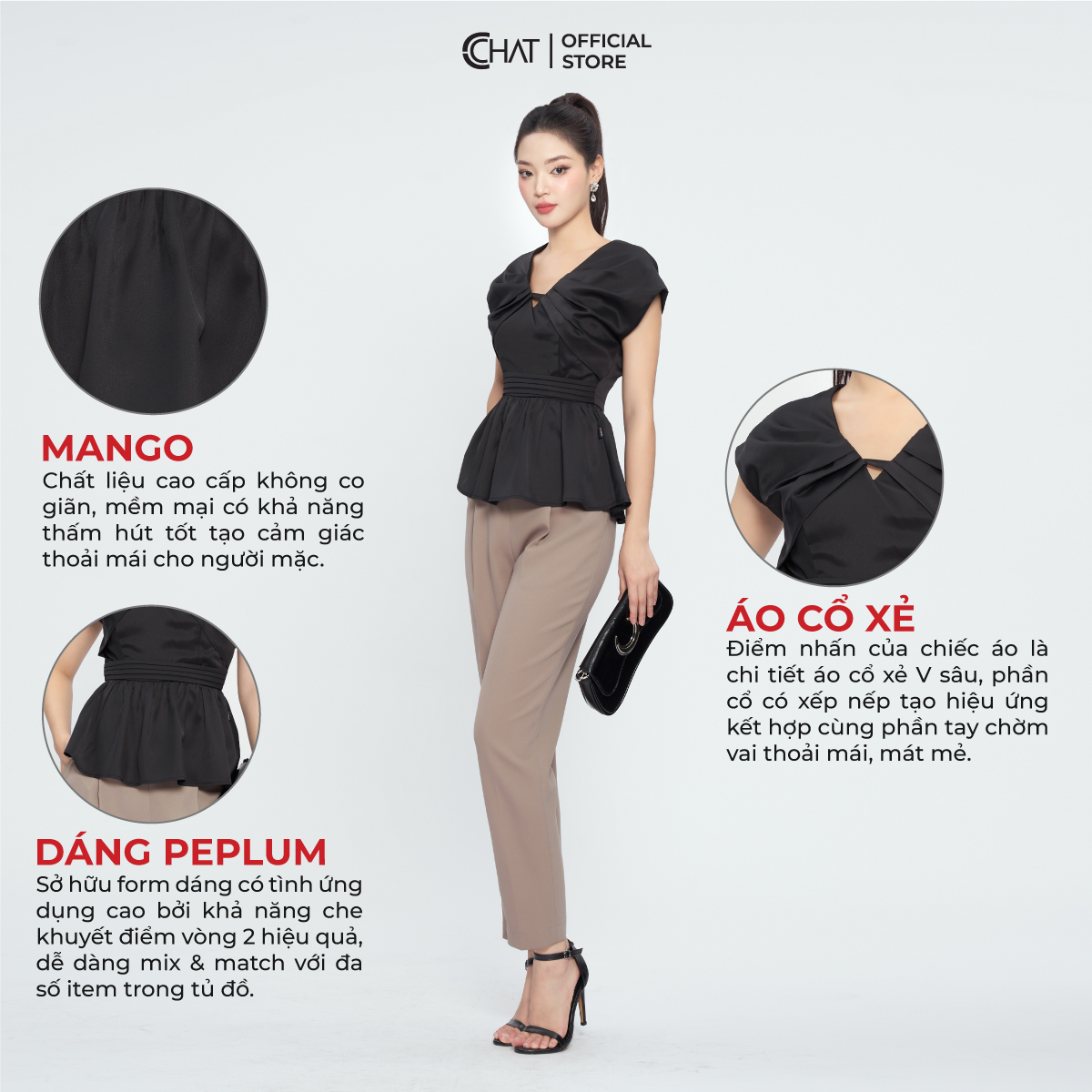 Áo Kiểu Nữ Cổ V Đai Eo Dáng Peplum Chất Mango Cao Cấp Mềm Mịn 13ANE2013PT