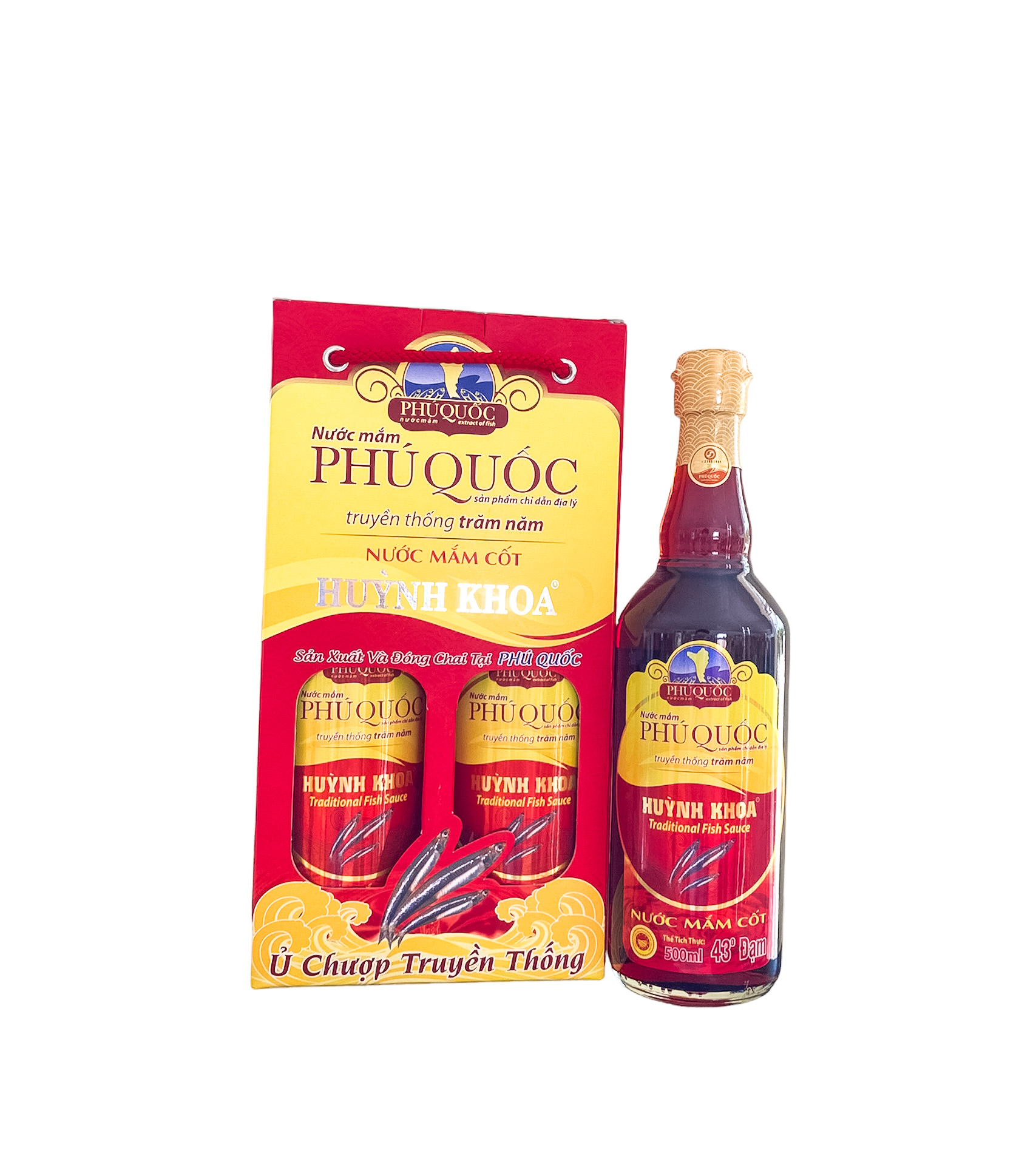 Đặc Sản Kiên Giang - Nước mắm truyền thống Phú Quốc Huỳnh Khoa - 43 độ đạm - Hộp 2 chai 500ml