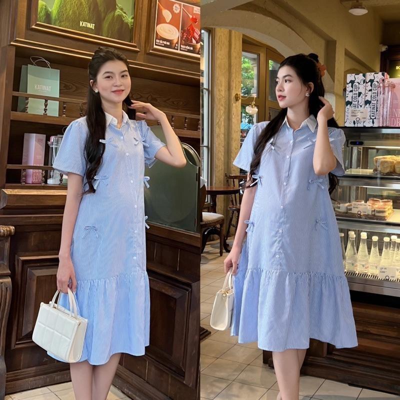 Đầm bầu công sở vải sọc cotton hàn cổ sơ mi đính nhiều nơ xinh Váy Bầu Dễ Thương - Xanh nhạt