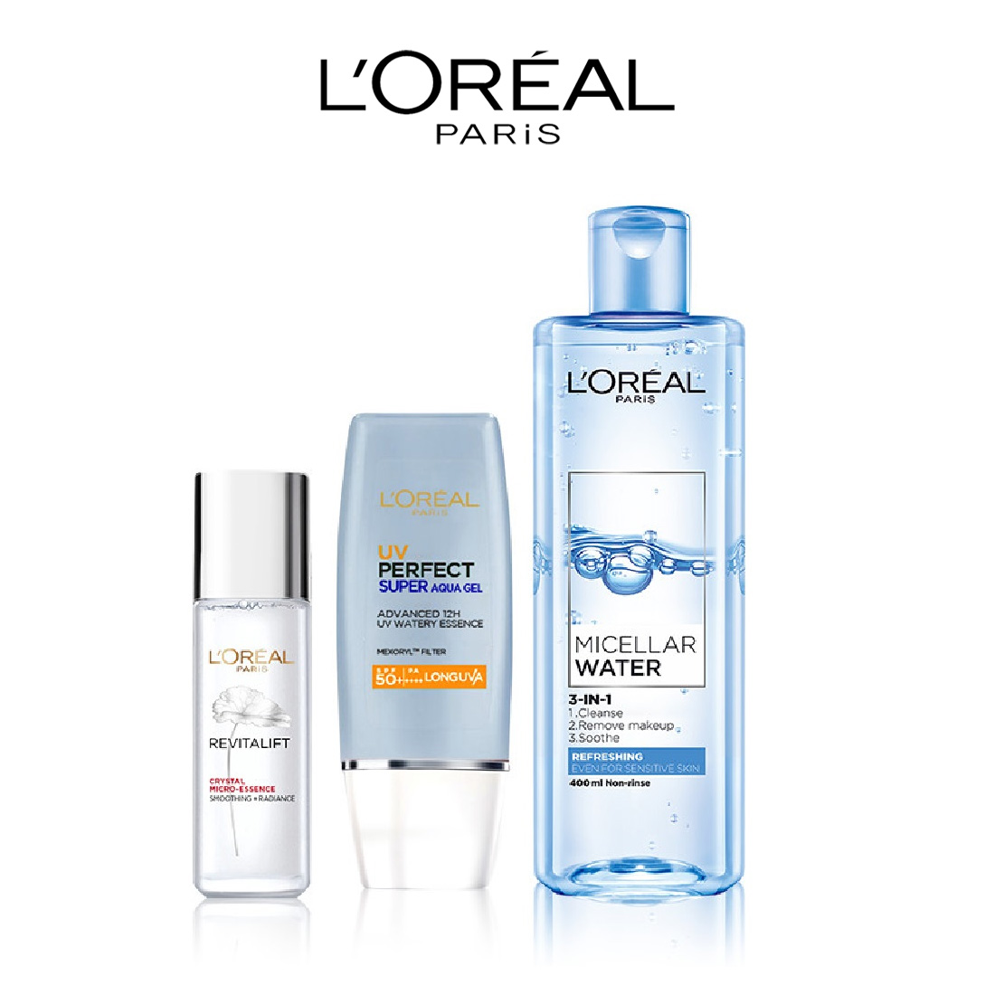 Bộ dưỡng ẩm thoáng mịn L'Oreal Paris (UV Perfect SPF50 PA+++ 30ml + Crystal Micro Essence 22ml+ Micellar Water 400ml)