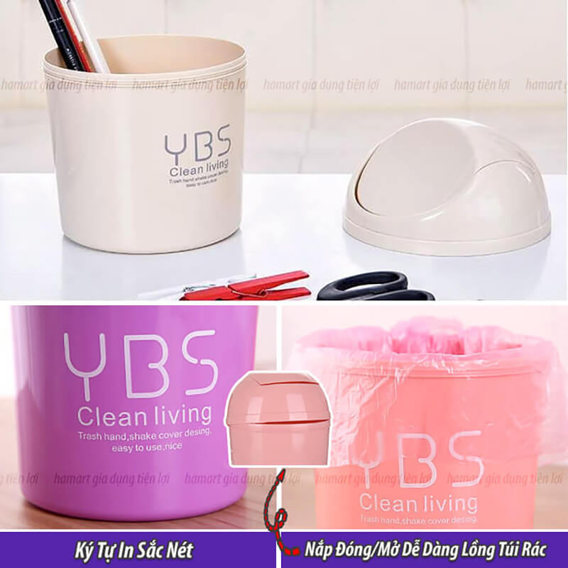 Thùng Rác Mini Để Bàn YBS Thùng Rác Nhỏ Cute Có Nắp Đậy Tiện Lợi 3 Màu Lựa Chọn