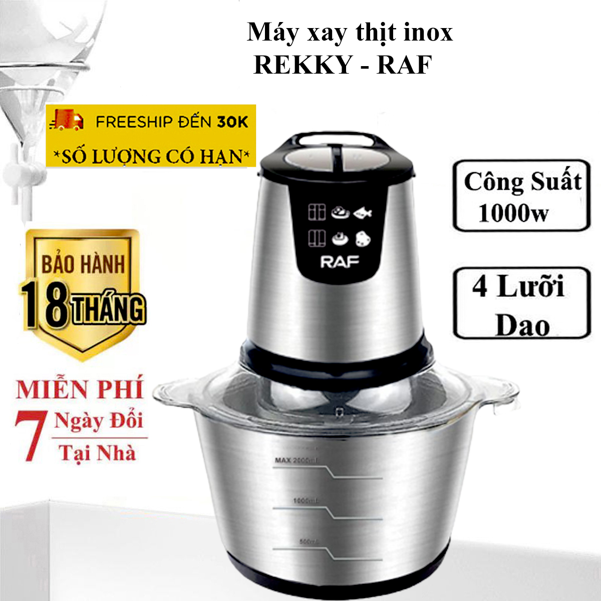 Máy xay thịt đa năng cối INOX RAF công suất 1000W  - hàng chính hãng