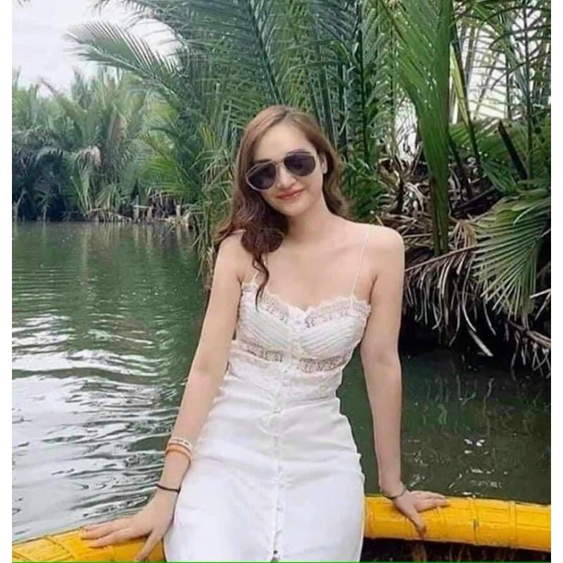 Đầm midi trắng 2s viền ren phối nút