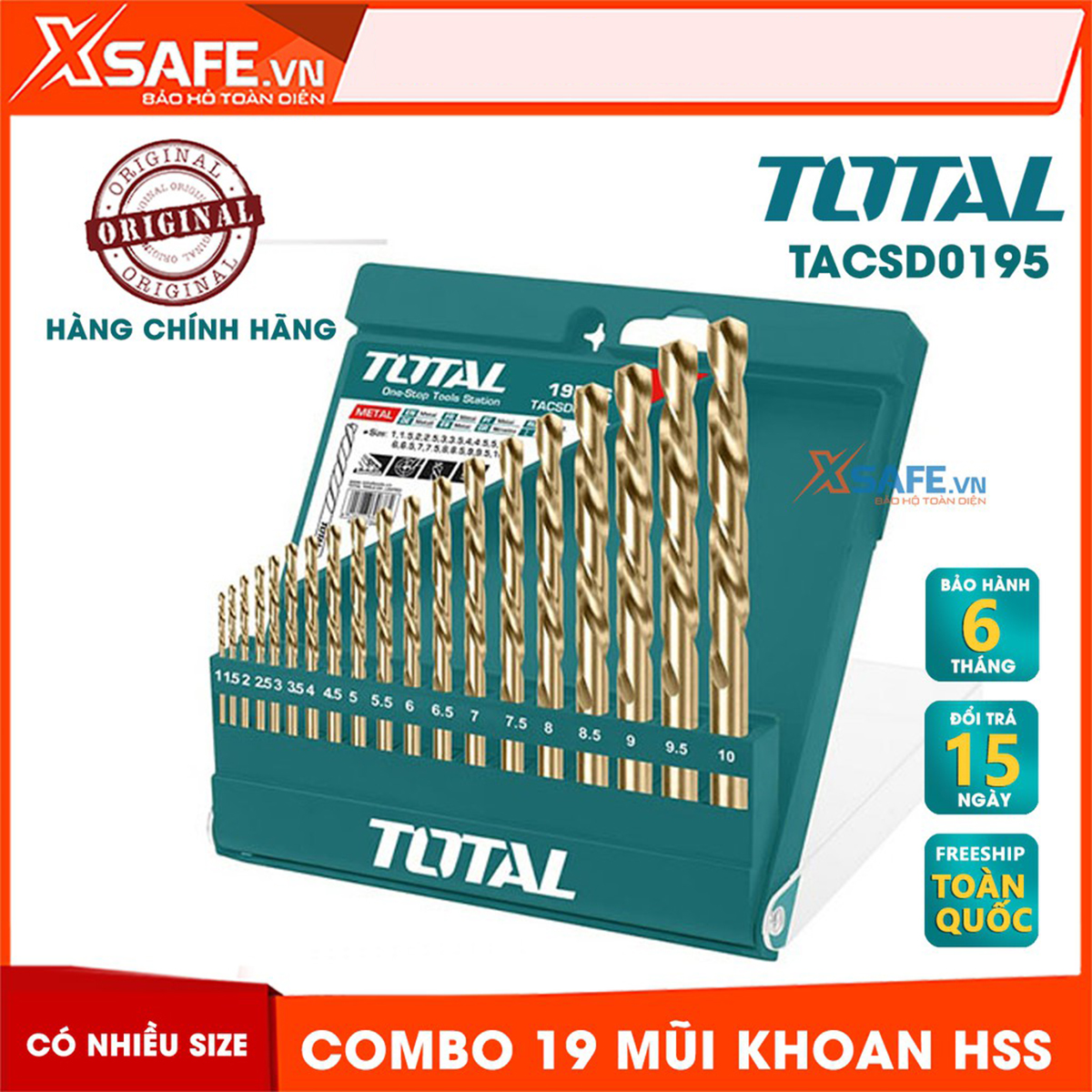 Combo 19 mũi khoan HSS TACSD0195 nhiều size hãng TOTAL chất liệu của mũi khoan là hợp kim thép loại tốt chuyên dụng