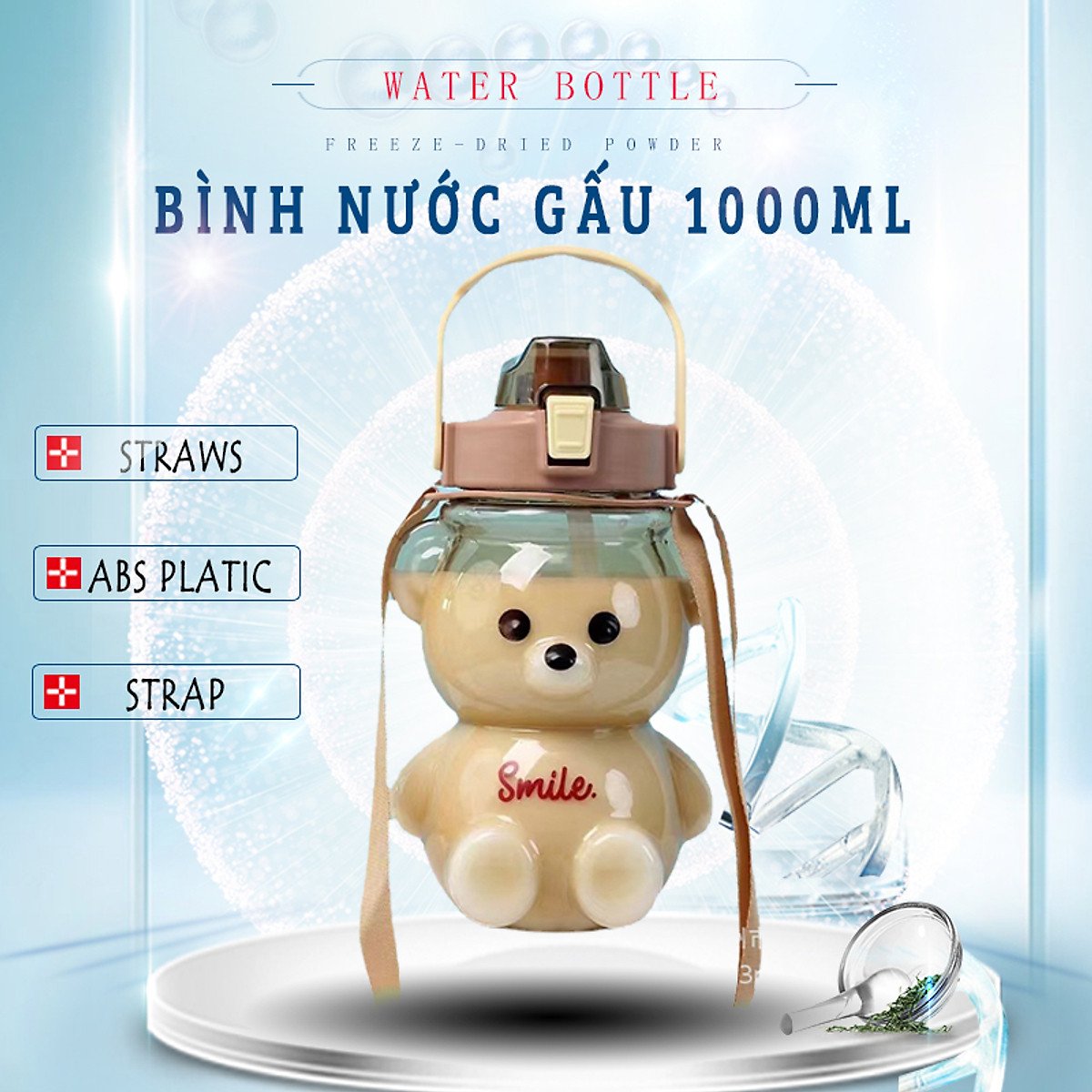 Bình Đựng Nước Hình Gấu Dễ Thương Bằng Nhựa Hàn Quốc SMILE 1000 ML Tặng Kèm Dây Đeo Dễ Thương Và Ống Hút Tiện Lợi