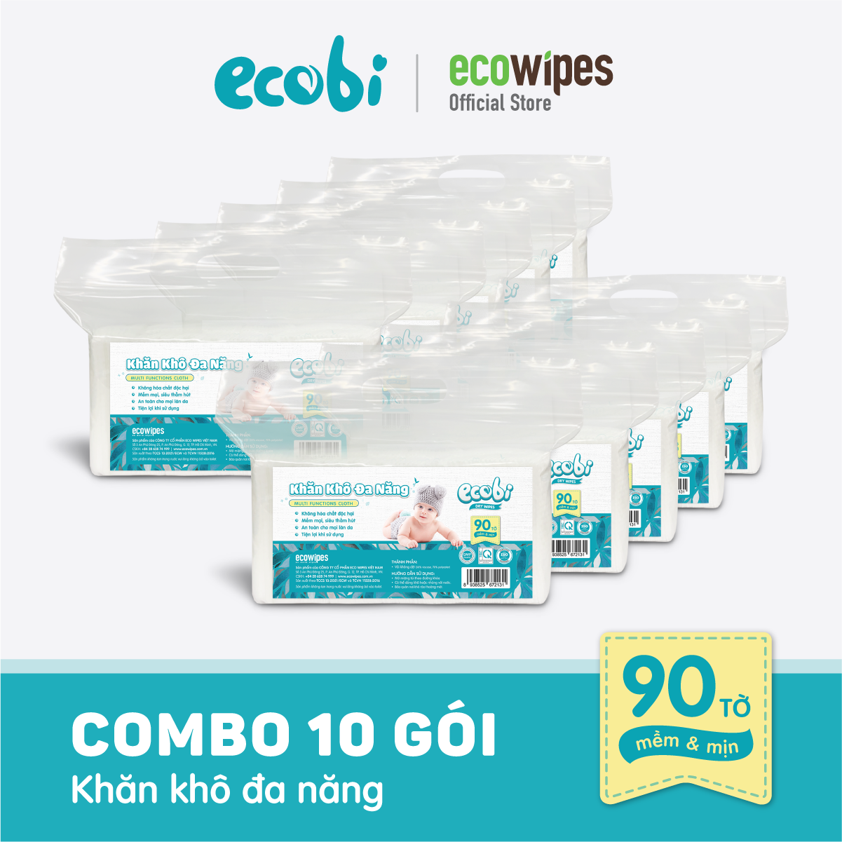 Combo 10 túi khăn khô đa năng cho bé Ecobi túi 90 tờ dùng thay khăn sữa an toàn cho trẻ sơ sinh
