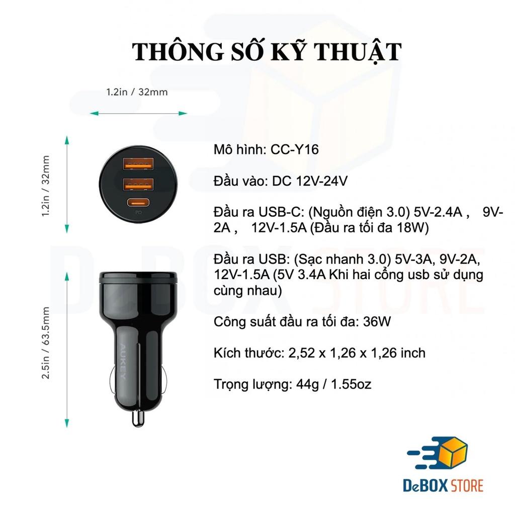 Tẩu Sạc ô tô AUKEY Siêu Nhanh CC-Y16 36W Dual USB A QC 3.0/USC-C PD 3.0 20W - Hàng Chính Hãng