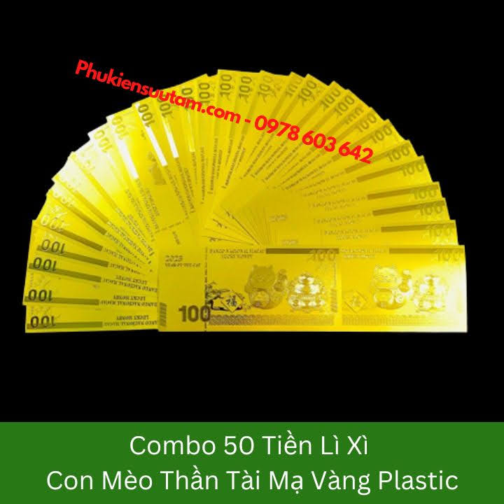 Combo 50 Tờ Lì Xì Con Mèo Thần Tài Mạ Vàng Plastic, kích thước: 15.5cmx7.5cm, màu vàng - SP005908