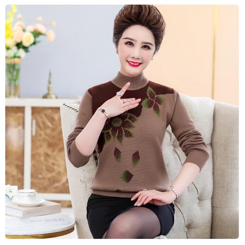 Áo len trung niên cổ cao phối họa tiết hoa sen_áo ấm thu đông cho bà cho mẹ