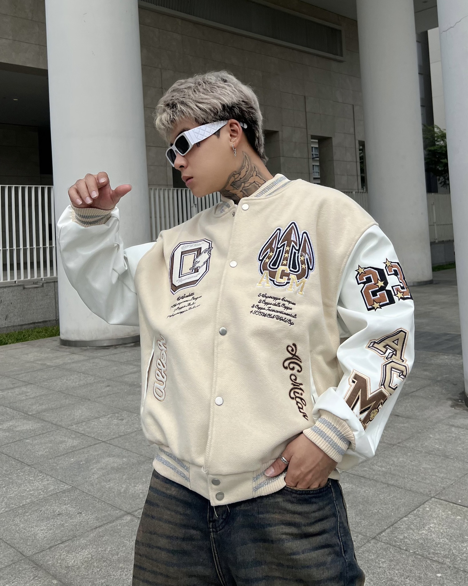 Áo khoác Bomber tay da OW x AC Milan, varsity jacket O.f.f White Ac Milan nam nữ chất dạ 2 lớp , áo bóng chày local brand unisex - Gin Store