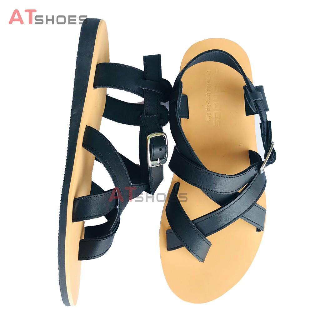 Dép Sandal Unisex cc Da Bò - Sandal xỏ ngón nam nữ kiểu HQ Trẻ Trung Atshoes AT40 (Đen Đế vàng)