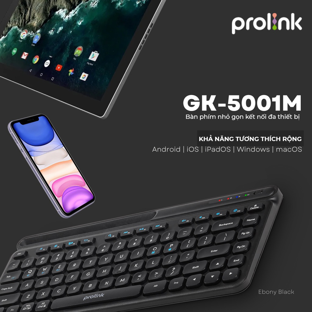 Bàn phím không dây Bluetooth + Wireless PROLiNK GK5001M, nhỏ gọn, kết nối đa thiết bị Windows/Android/MacOS/iOS - Hàng chính hãng