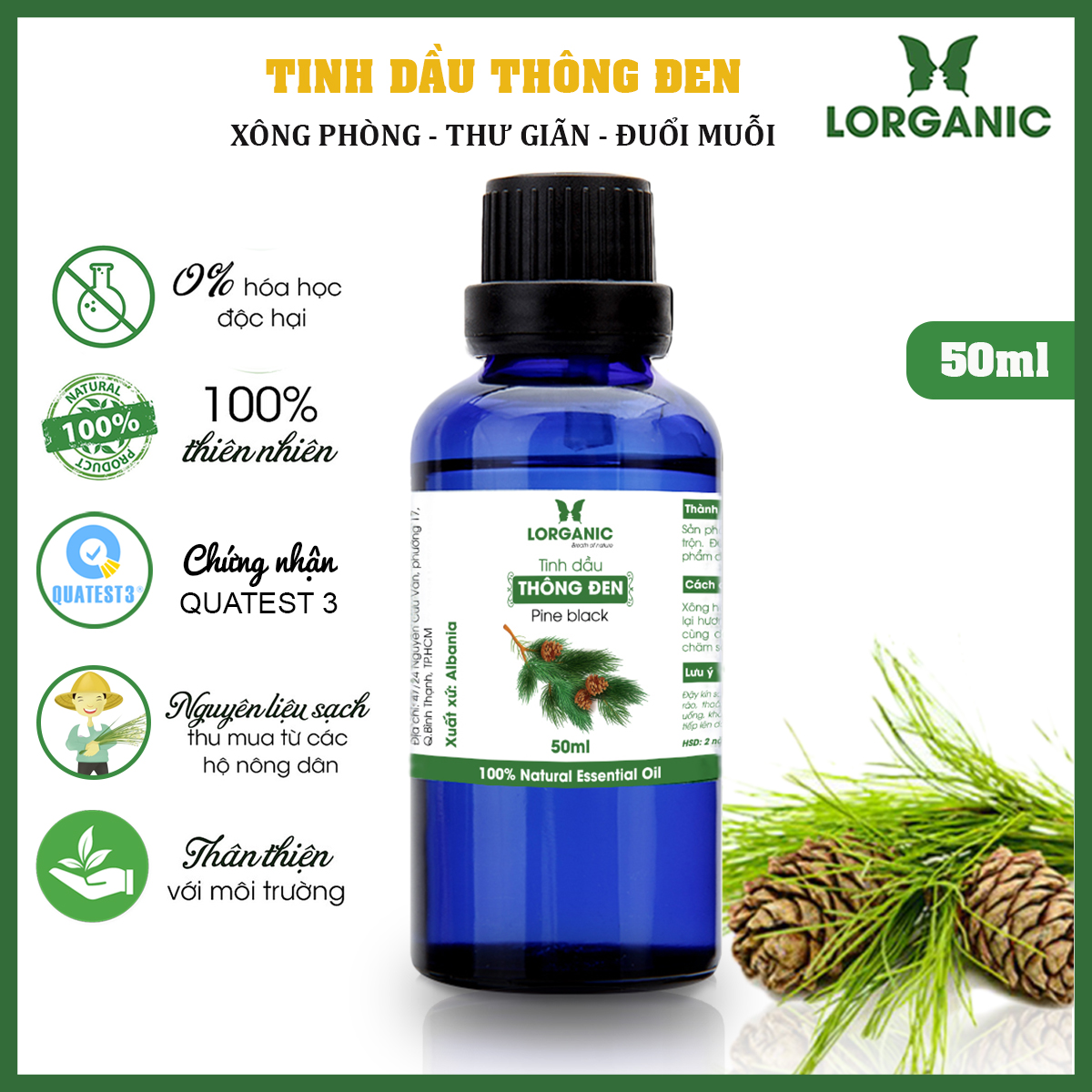 Tinh dầu gỗ thông đen Lorganic Pine black 50ml/ Hương thơm ấm nồng/ Tinh dầu thiên nhiên nguyên chất xông phòng/ Thư giãn tinh thần/ Thích hợp dùng với đèn xông và máy khuếch tán.