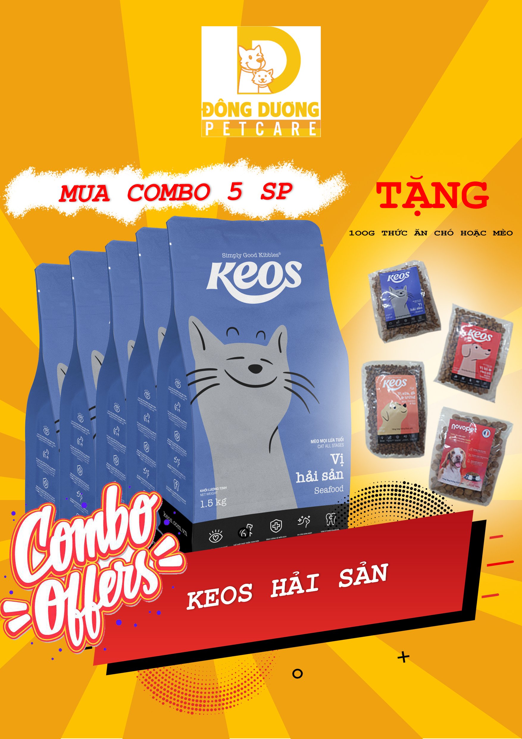 [Siêu Sale] COMBO 5 gói thức ăn hạt Keos dành cho mèo mọi lứa tuổi vị hải sản gói 350g