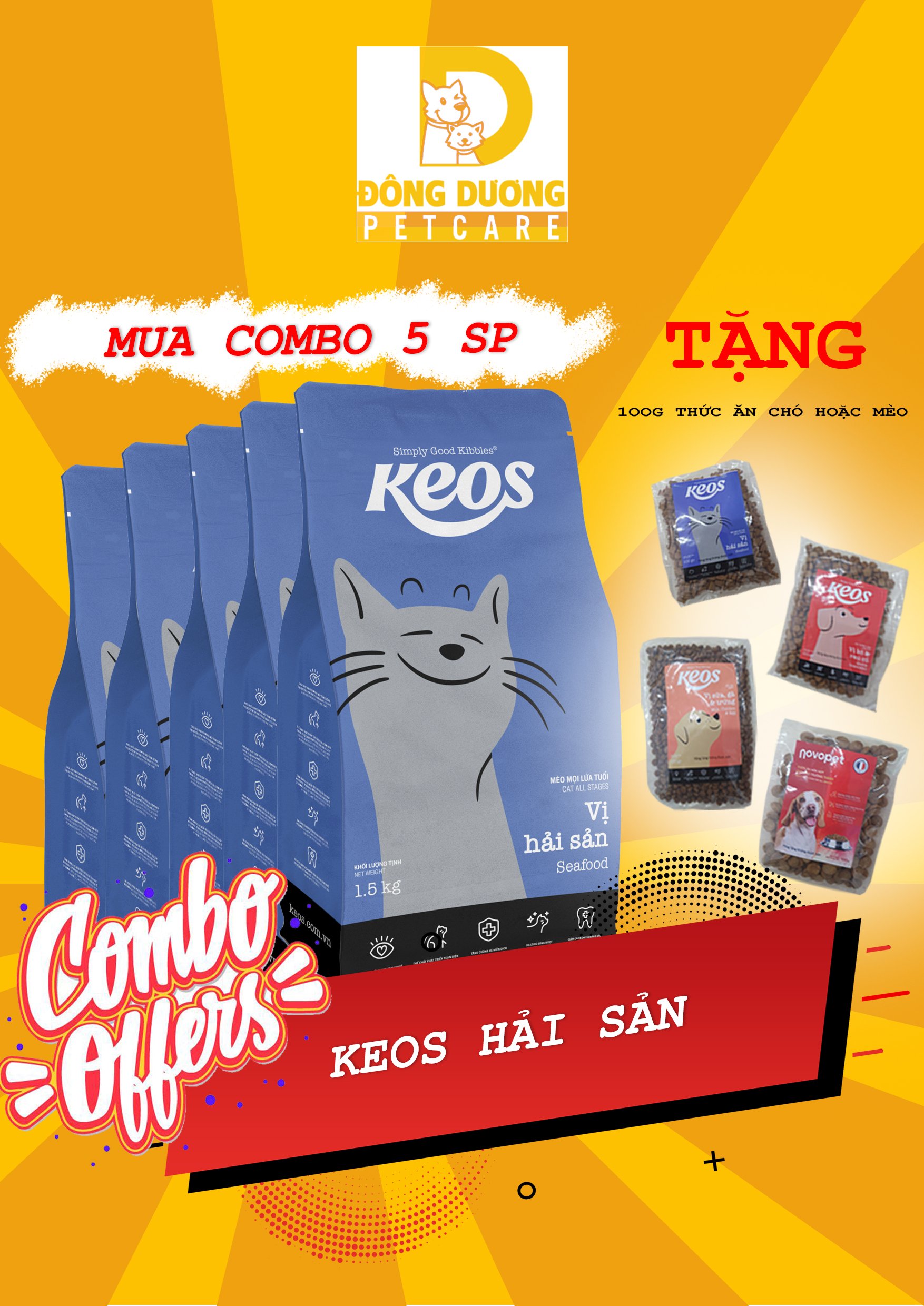 COMBO 5 gói thức ăn hạt Keos dành cho mèo mọi lứa tuổi vị hải sản gói 350g