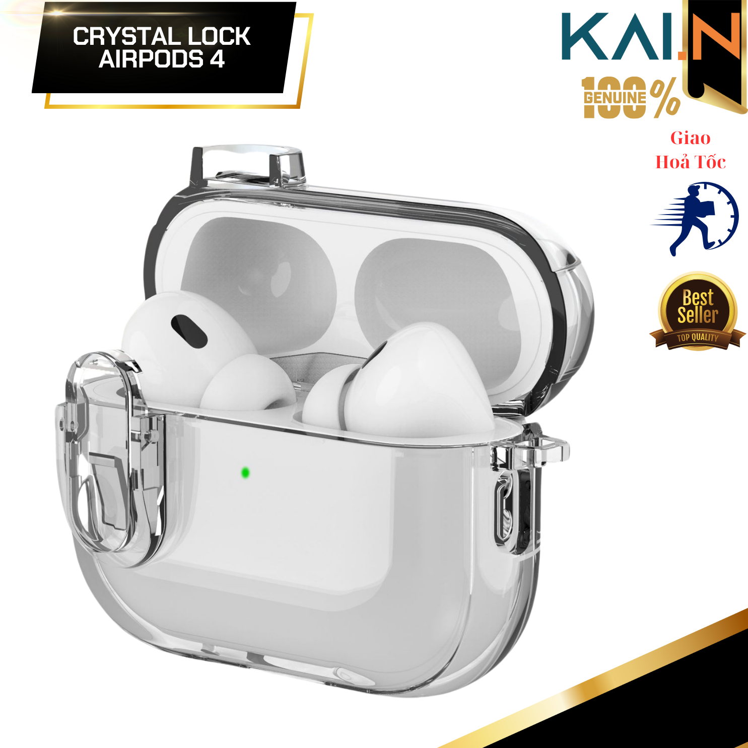 Ốp Case Bao Trong Suốt Dành Cho Airpods 4, Khoá An Toàn, Chống Sốc, Kai.N Crystal Lock, Kèm Móc Treo_ Hàng chính hãng