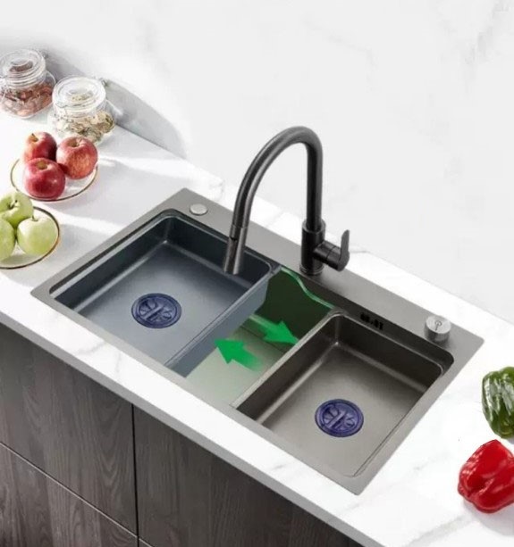 Chậu rửa chén inox 304 màu xám đen 1 ngăn rộng rãi