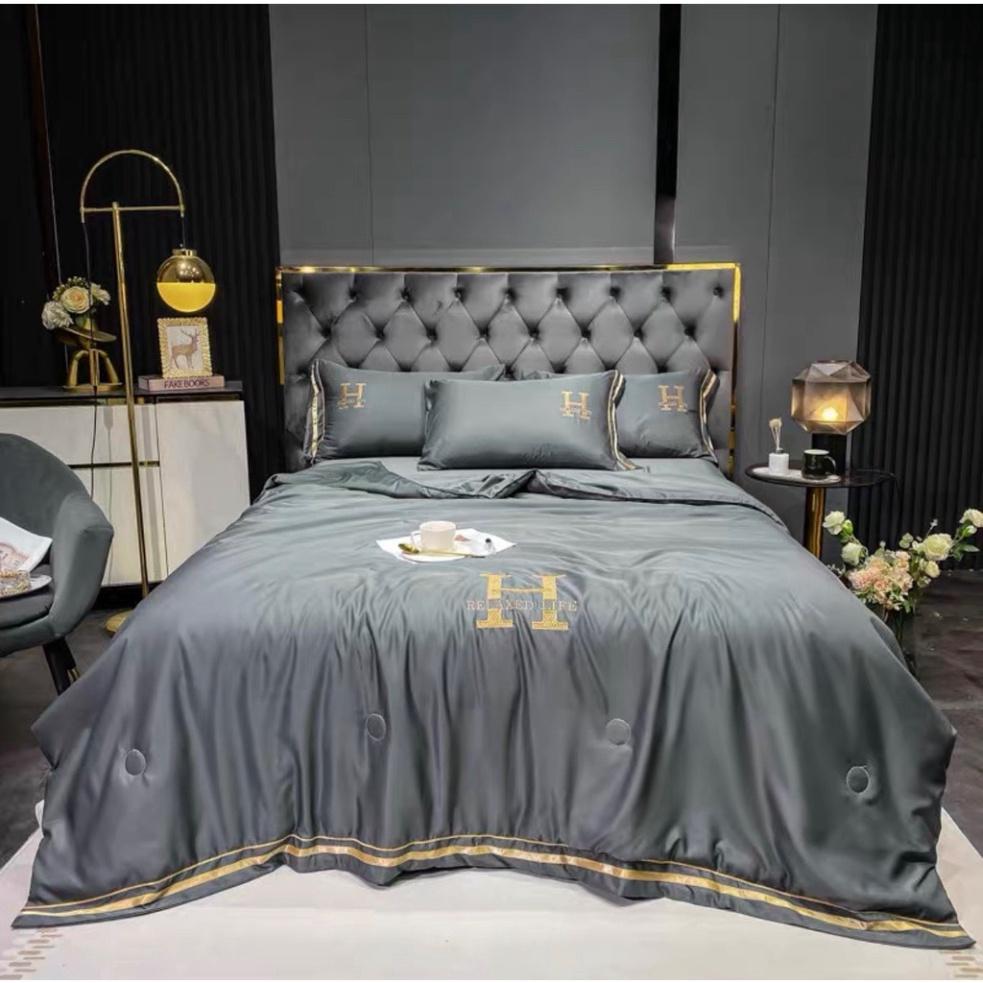 Bộ Chăn Ga Gối Lụa Thêu Chữ H LUXURY Set Chăn Ga Gối Lụa 4 Món Chăn Trần Hè Chăn Ga By Merci