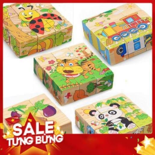 Đồ chơi bộ ghép hình 6 mặt 9 miếng gỗ cho bé lắp ghép được 6 bức hình khác nhau