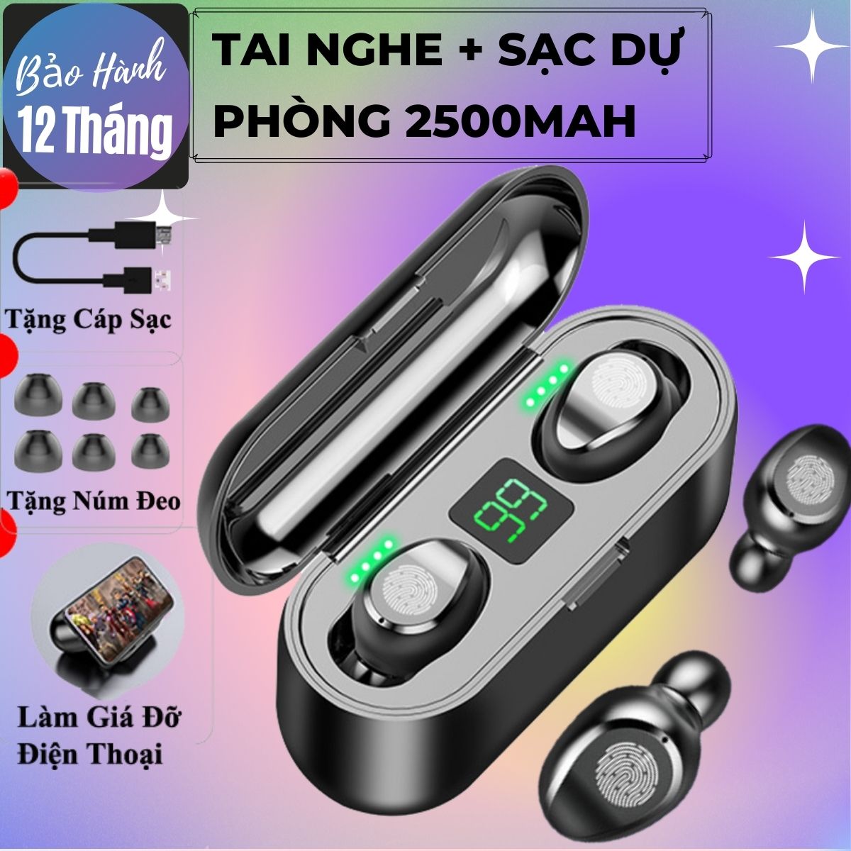 Tai Nghe Bluetooth Cảm Ứng Cao Cấp Tích Hợp Sạc Dự Phòng 2500mAh + Giá Đỡ Điện Thoại, Bass Cực Hay Và Kháng Nước Tốt F9