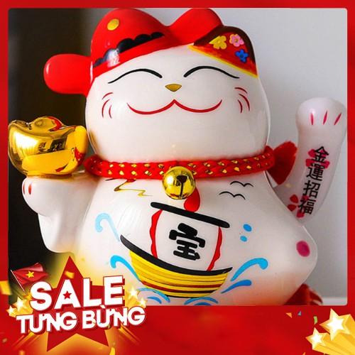 Mèo Thần Tài Vẫy tay năng lượng mặt trời bằng sứ 10cm
