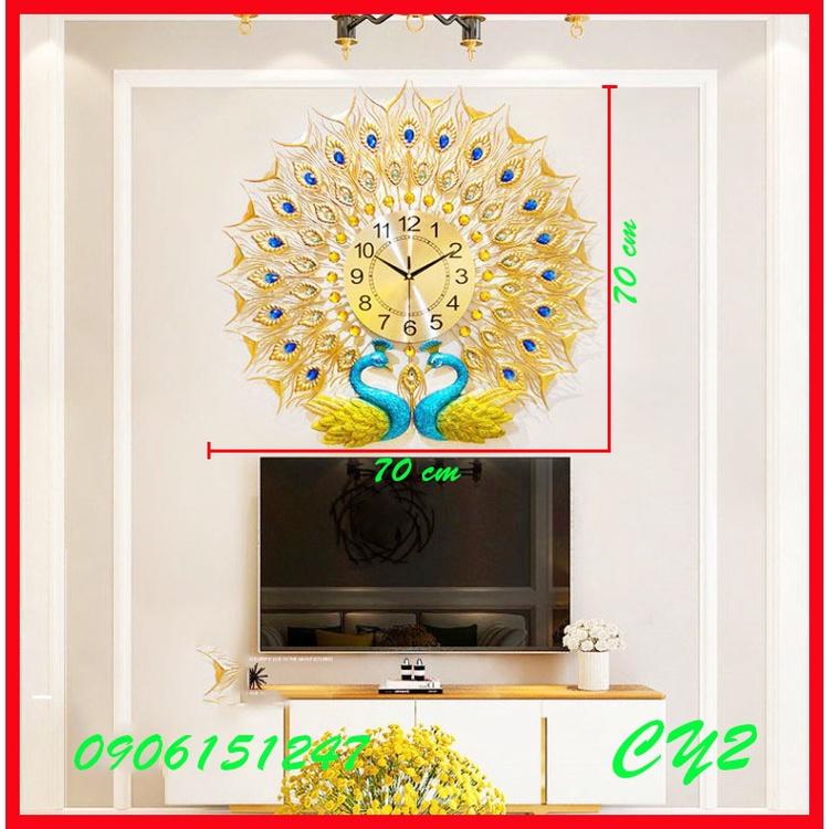 Đồng hồ treo tường trang trí decor chim công CY2 Khổng Tước vàng kích thước 70 x 70 cm