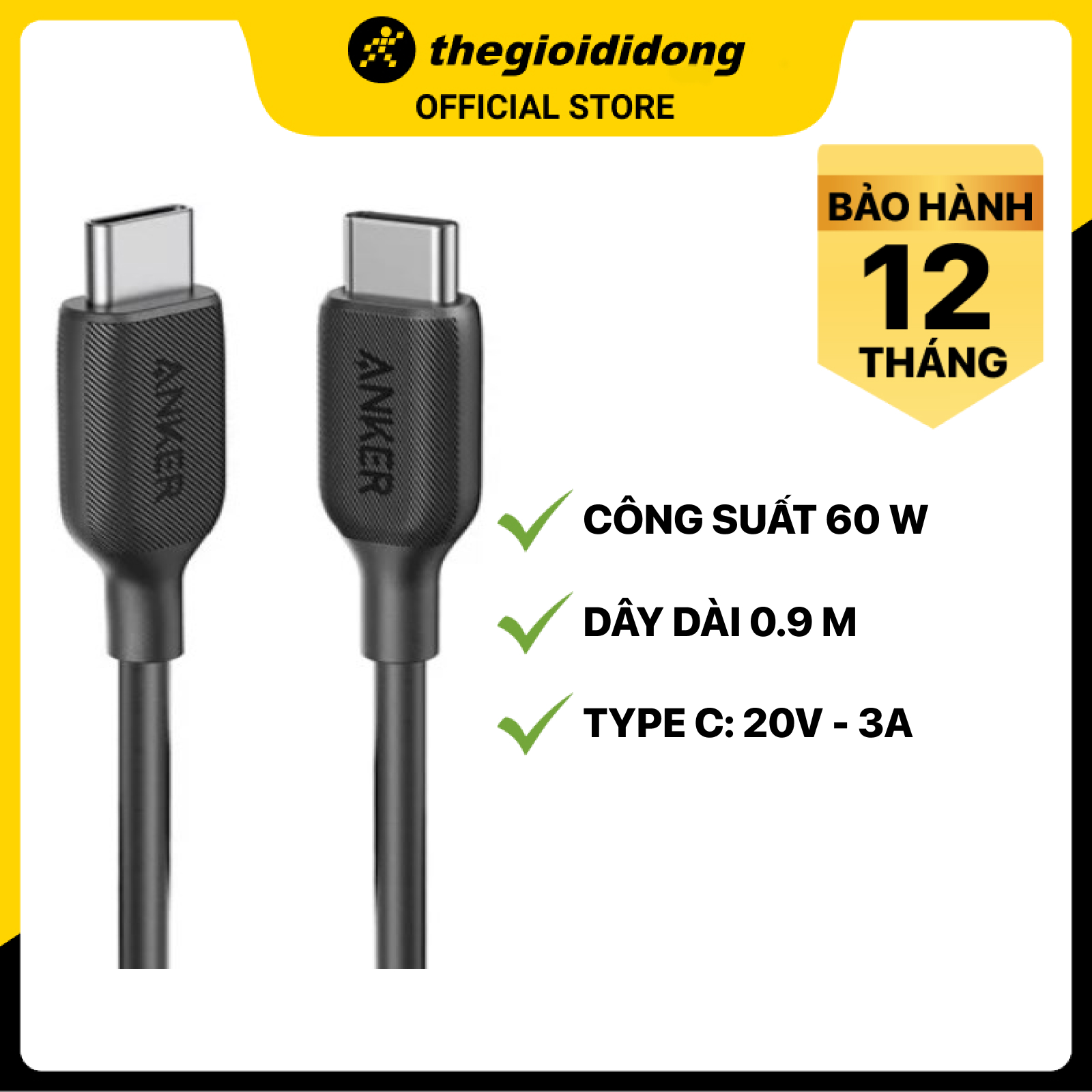 Cáp Type C - Type C 0.9m Anker PowerLine III A8852 Đen - Hàng chính hãng