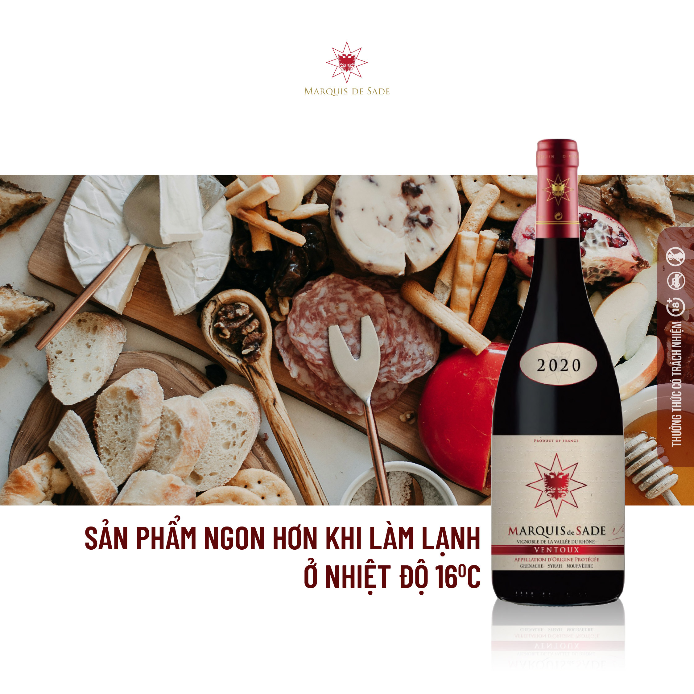 Rượu Vang Marquis De Sade Ventoux Appellation D'Origine Protégée 2020 - Nồng Độ 15.5%. [Không hộp]