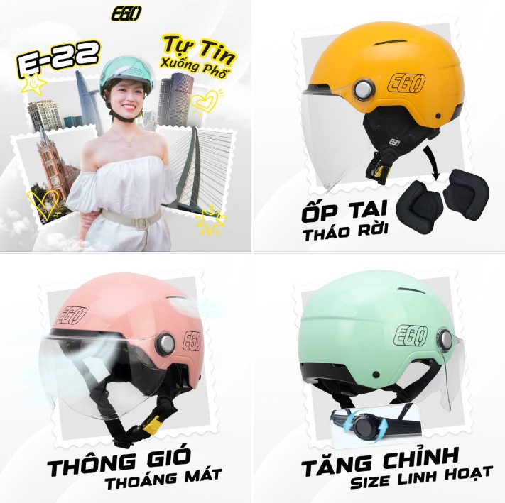 Mũ Bảo Hiểm Nửa Đầu EGO E-22 Không Kính Nhẹ Nhỏ Gọn Núm Vặn Tăng Giảm Size Thoáng Khí